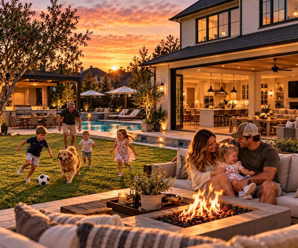 Illustration of a family enjoying their backyard at sunset, kids playing with a golden retriever and parents by the fire pit