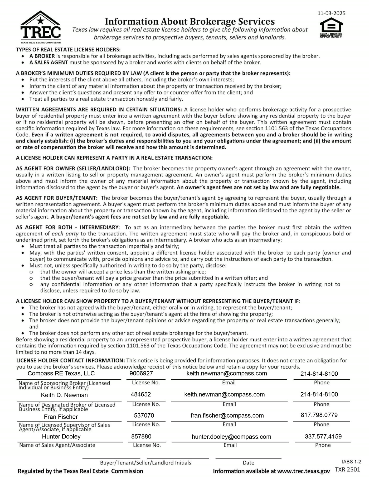 Information About Brokerage Services form (IABS 1-2), completed for Hunter Dooley, Compass RE Texas, LLC