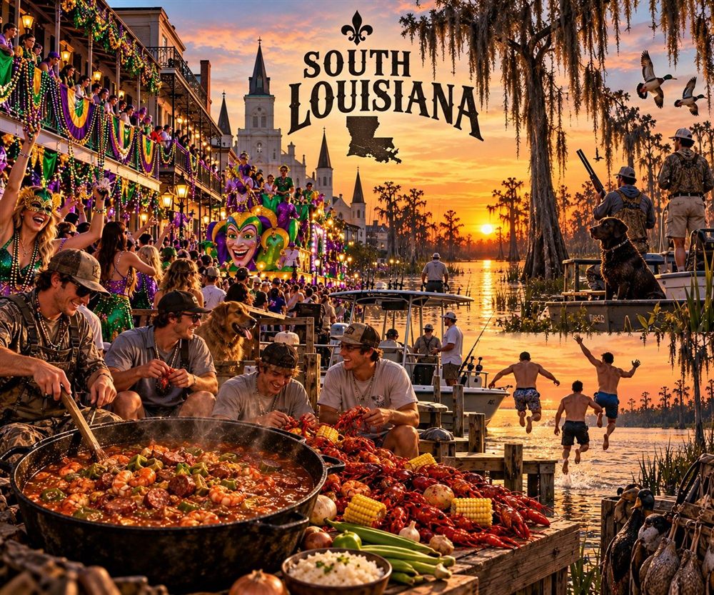 Illustrated South Louisiana scene with Mardi Gras balconies, a swamp at sunset, gumbo and a crawfish boil